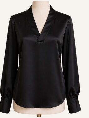 SIMKHAI Black Satin V-Neck Blouse Size 4 Long Sleeve NWT MSRP $325